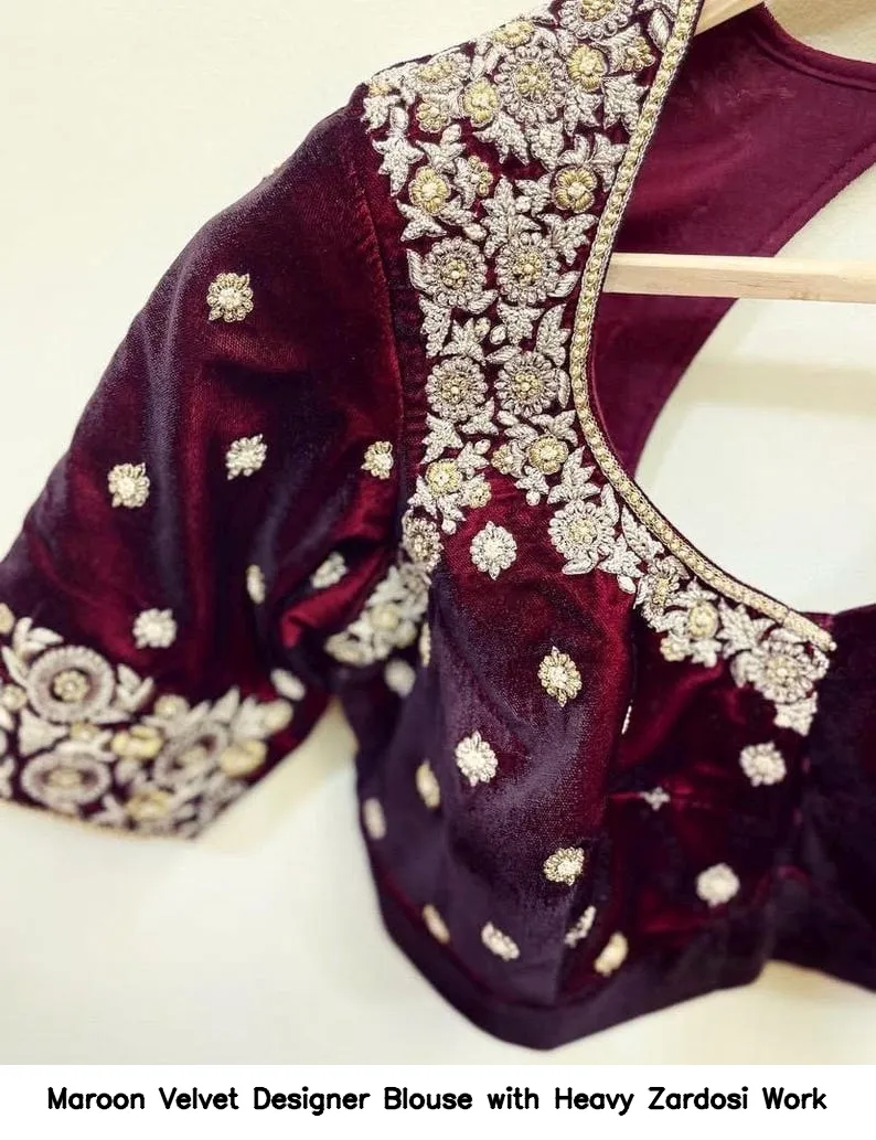 Maroon Velvet Designer Blouse with Heavy Zardosi Work 4