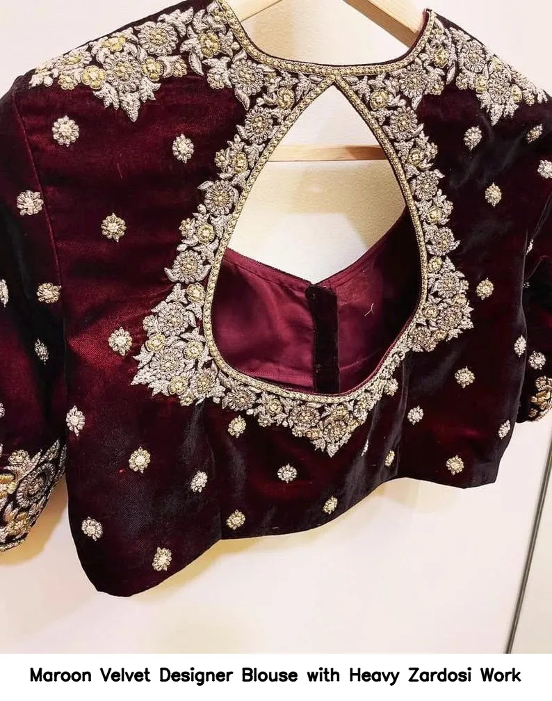 Maroon Velvet Designer Blouse with Heavy Zardosi Work 6
