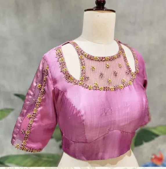 Mauve Pink Silk Blouse with Sheer Net Yoke & Gold Aari Embroidery | Designer Saree Blouse
