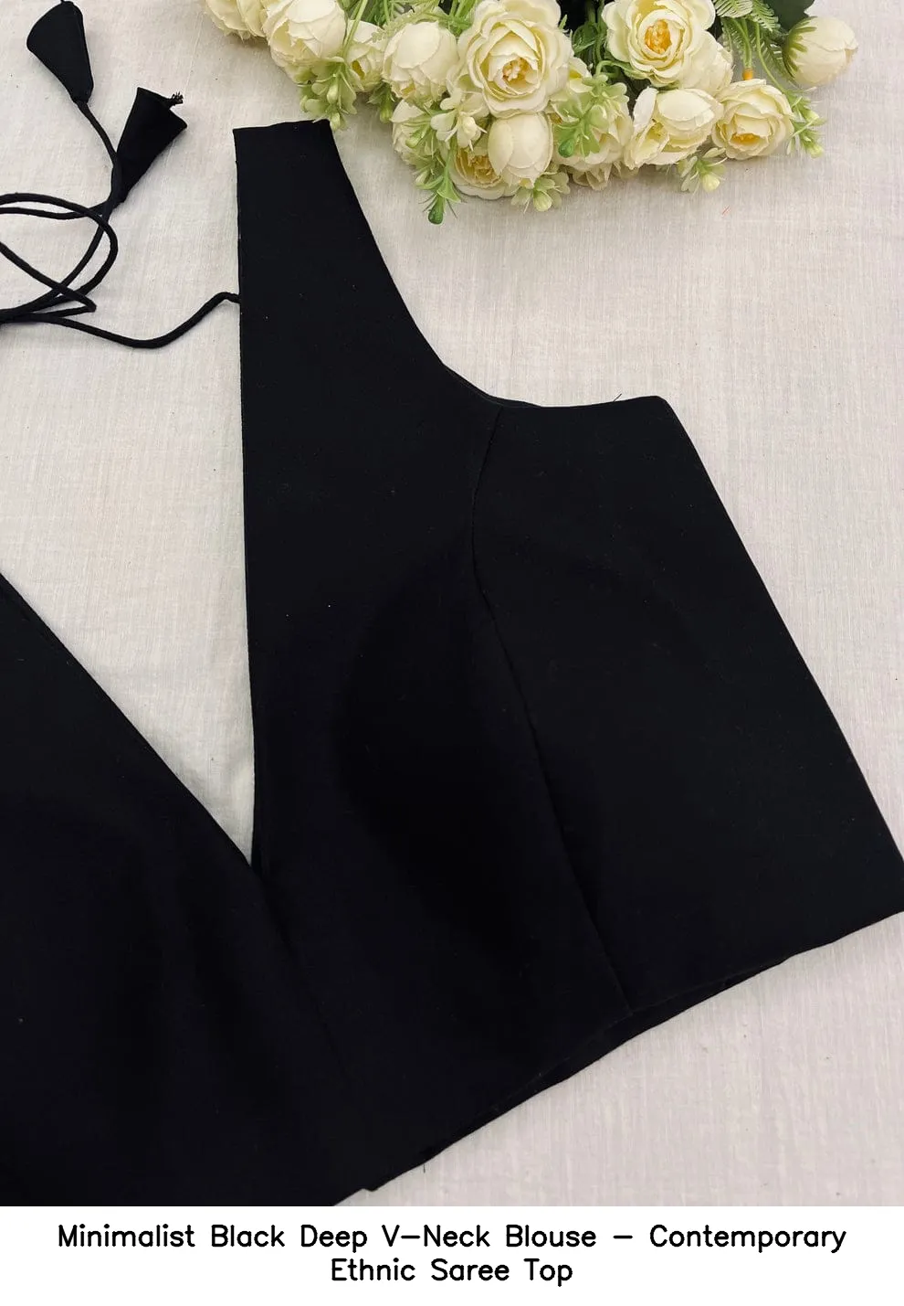 Minimalist Black Deep V-Neck Blouse - Contemporary Ethnic Saree Top 2