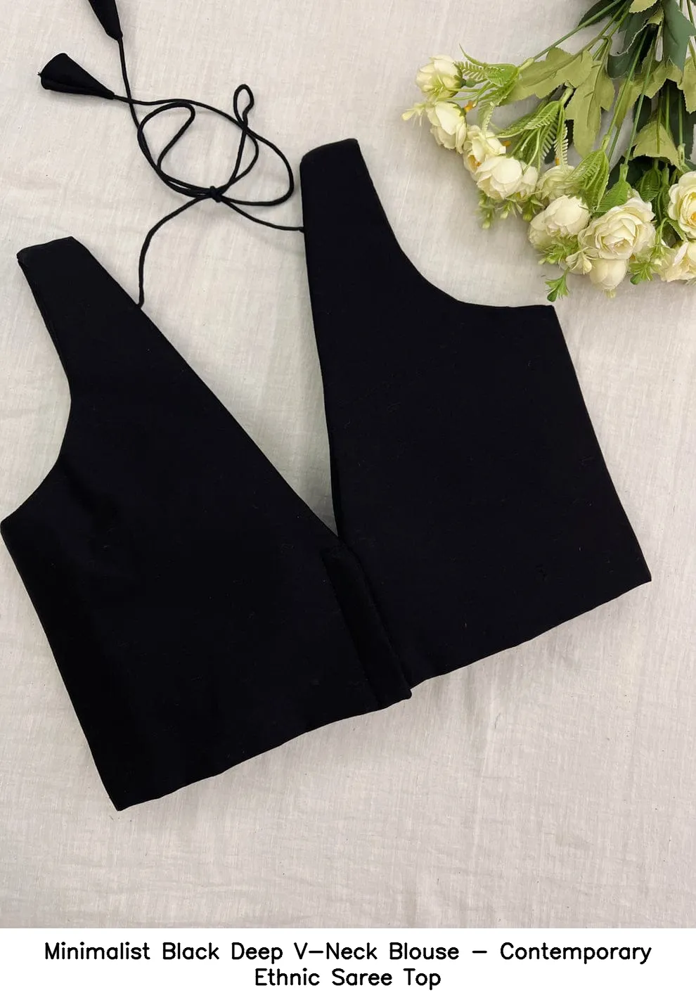 Minimalist Black Deep V-Neck Blouse - Contemporary Ethnic Saree Top 3