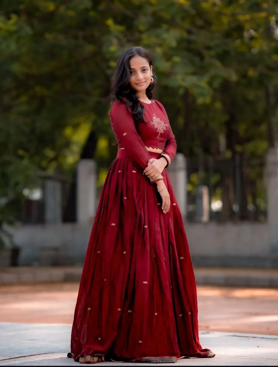 Minimalist Maroon Silk Crop Top Lehenga for Festive Celebrations & Haldi/Sangeet
