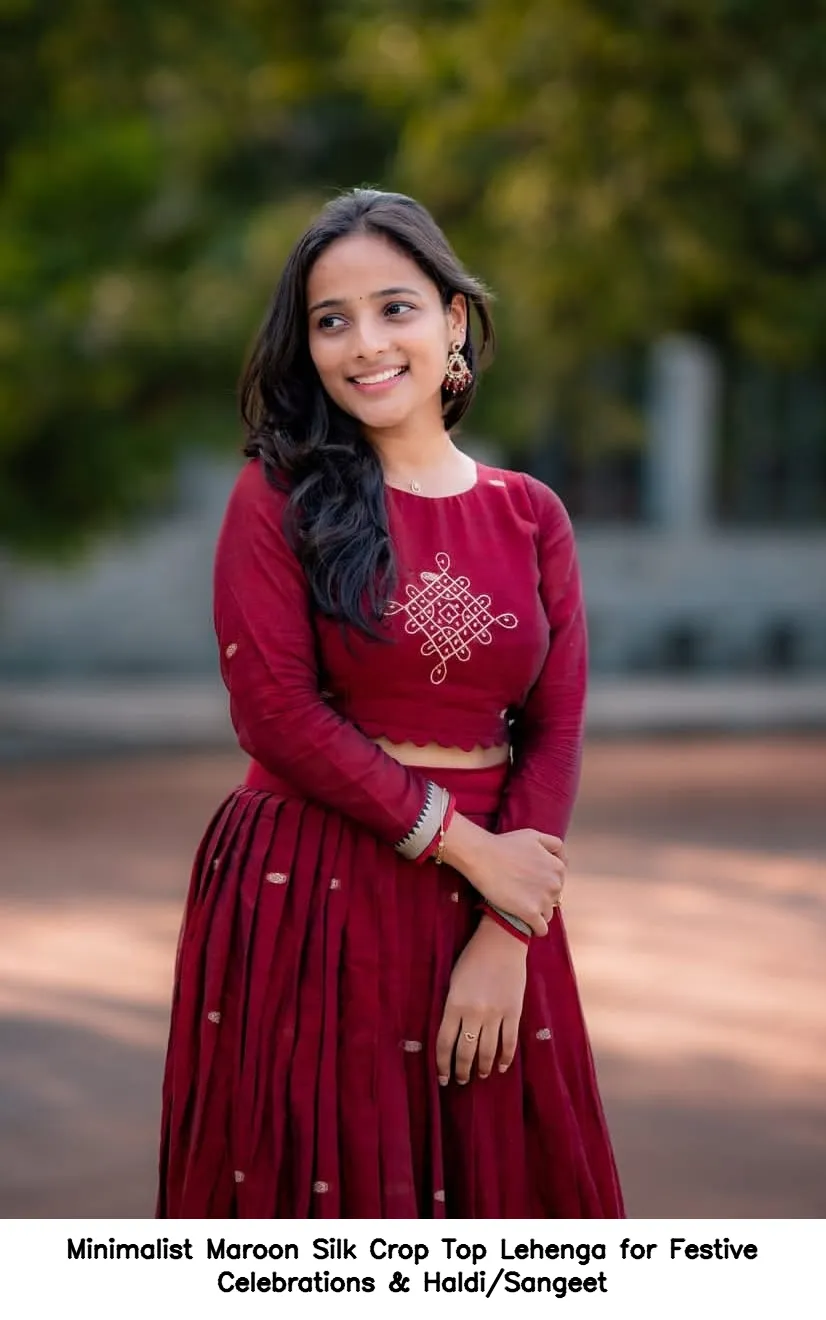 Minimalist Maroon Silk Crop Top Lehenga for Festive Celebrations & Haldi/Sangeet 2