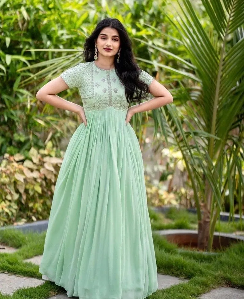 Mint Green Embroidered Long Frock Gown | Cap Sleeve Pleated Georgette Anarkali Dress for Women