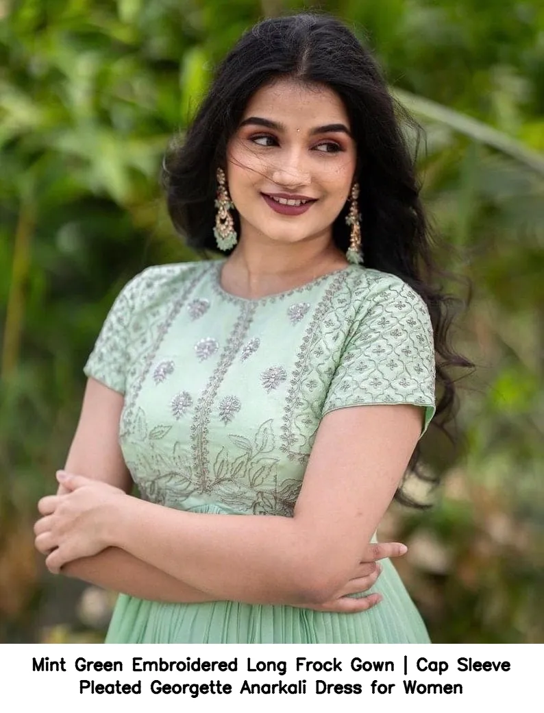 Mint Green Embroidered Long Frock Gown | Cap Sleeve Pleated Georgette Anarkali Dress for Women 4