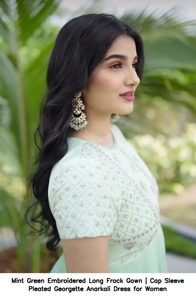 Mint Green Embroidered Long Frock Gown | Cap Sleeve Pleated Georgette Anarkali Dress for Women 7
