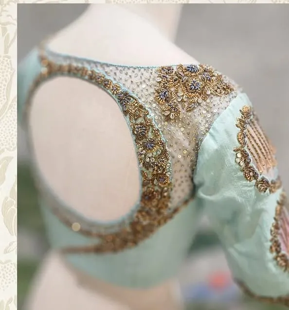 Mint Green Silk Blouse with Bead Tassel Sleeve Cutouts & Sheer Net Yoke | Designer Saree Blouse