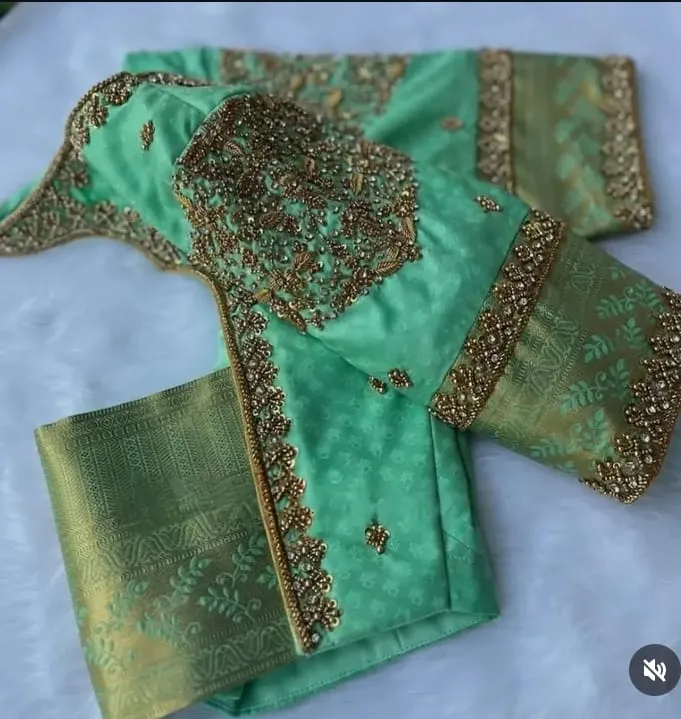 Mint Green Silk Blouse with Gold Zardosi Sleeve Patch & Zari Brocade Cuffs
