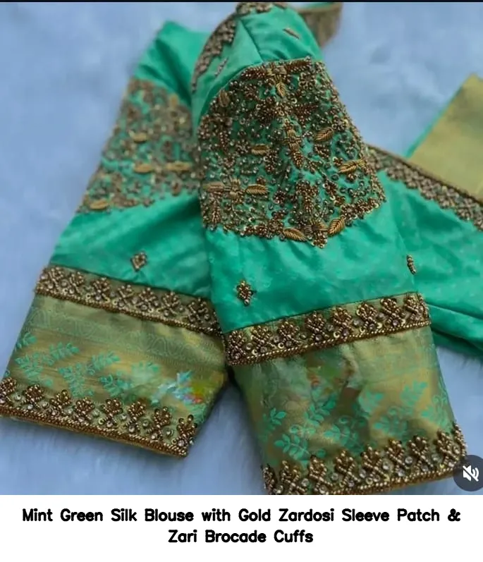 Mint Green Silk Blouse with Gold Zardosi Sleeve Patch & Zari Brocade Cuffs 2