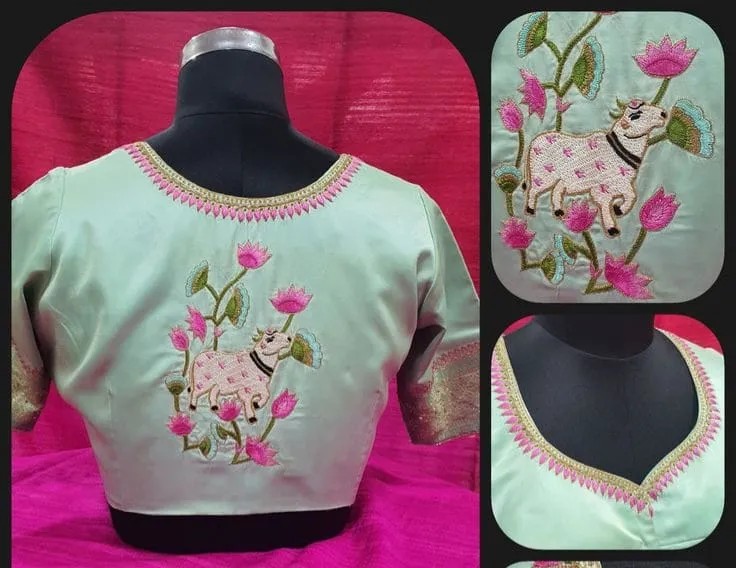 Mint Green Silk Blouse with Hand-Embroidered Pichwai Cow & Lotus Motif