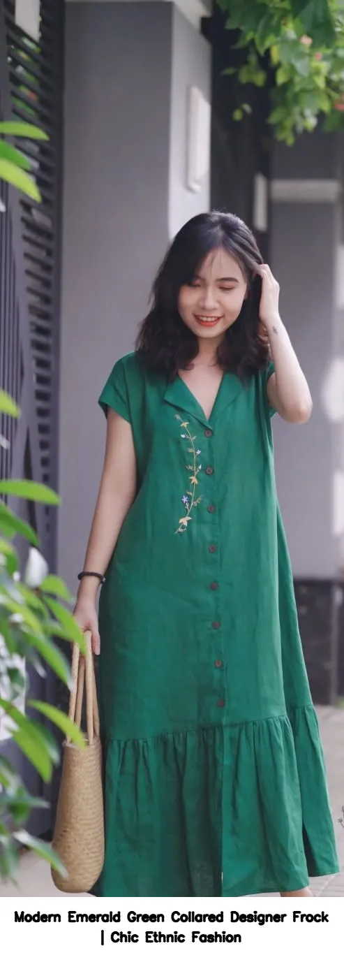 Modern Emerald Green Collared Designer Frock | Chic Ethnic Fashion 1