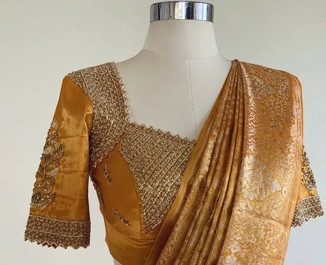 Mustard Gold Silk Blouse with Heavy Zardosi Yoke & Scalloped Neck | Designer Saree Blouse