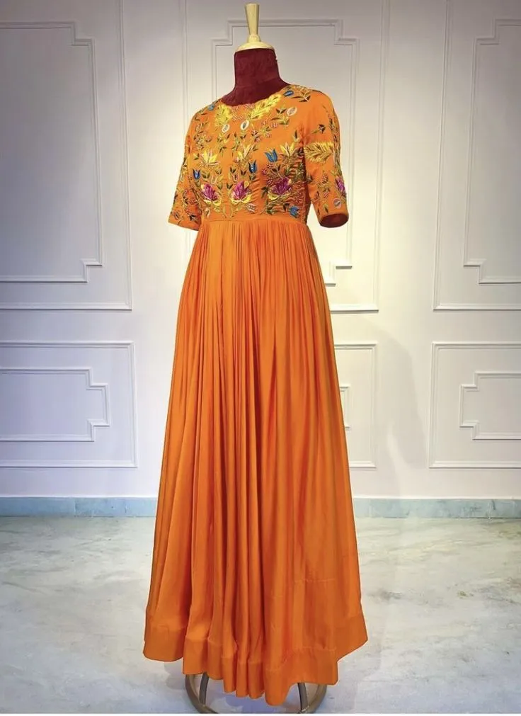 Mustard Orange Floral Hand Embroidered Anarkali Gown | Designer Floor Length Long Frock for Haldi & Festive Wear