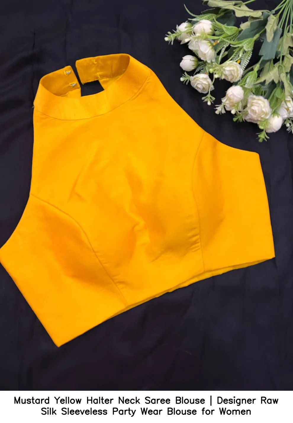 Mustard Yellow Halter Neck Saree Blouse | Designer Raw Silk Sleeveless Party Wear Blouse for Women
