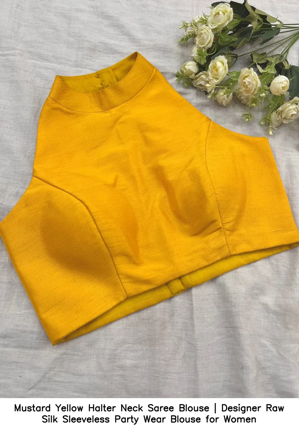 Mustard Yellow Halter Neck Saree Blouse | Designer Raw Silk Sleeveless Party Wear Blouse for Women 2
