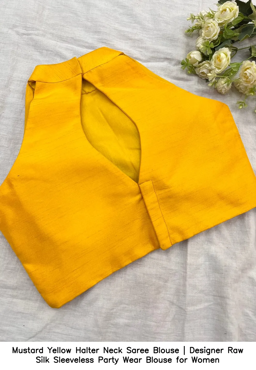 Mustard Yellow Halter Neck Saree Blouse | Designer Raw Silk Sleeveless Party Wear Blouse for Women 3