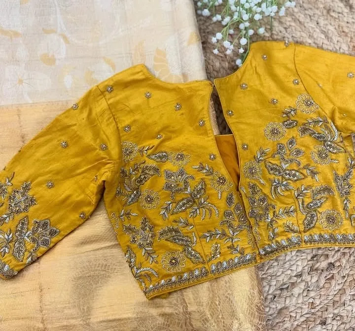Mustard Yellow Raw Silk Blouse with Heavy Zardosi Work | Handcrafted Floral Maggam Work Saree Blouse | Bridal Haldi Ceremony Blouse Custom Design