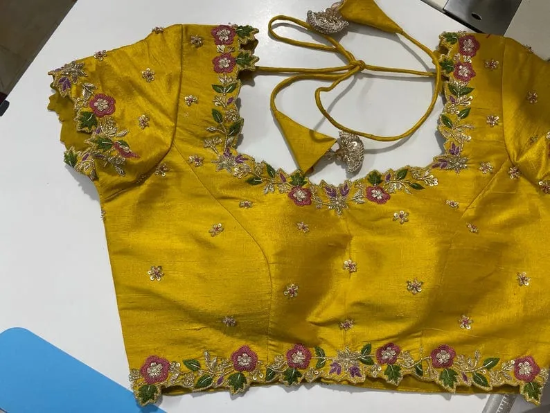 Mustard Yellow Silk Blouse with Floral Aari Embroidery