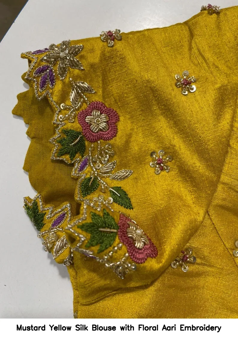 Mustard Yellow Silk Blouse with Floral Aari Embroidery 2