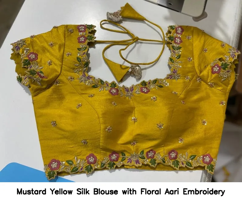 Mustard Yellow Silk Blouse with Floral Aari Embroidery 3