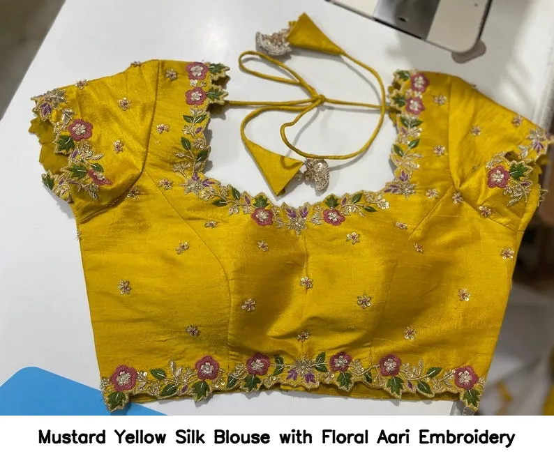 Mustard Yellow Silk Blouse with Floral Aari Embroidery 4