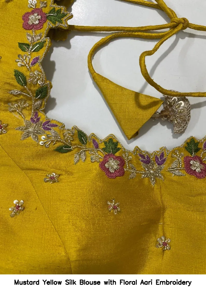 Mustard Yellow Silk Blouse with Floral Aari Embroidery 5