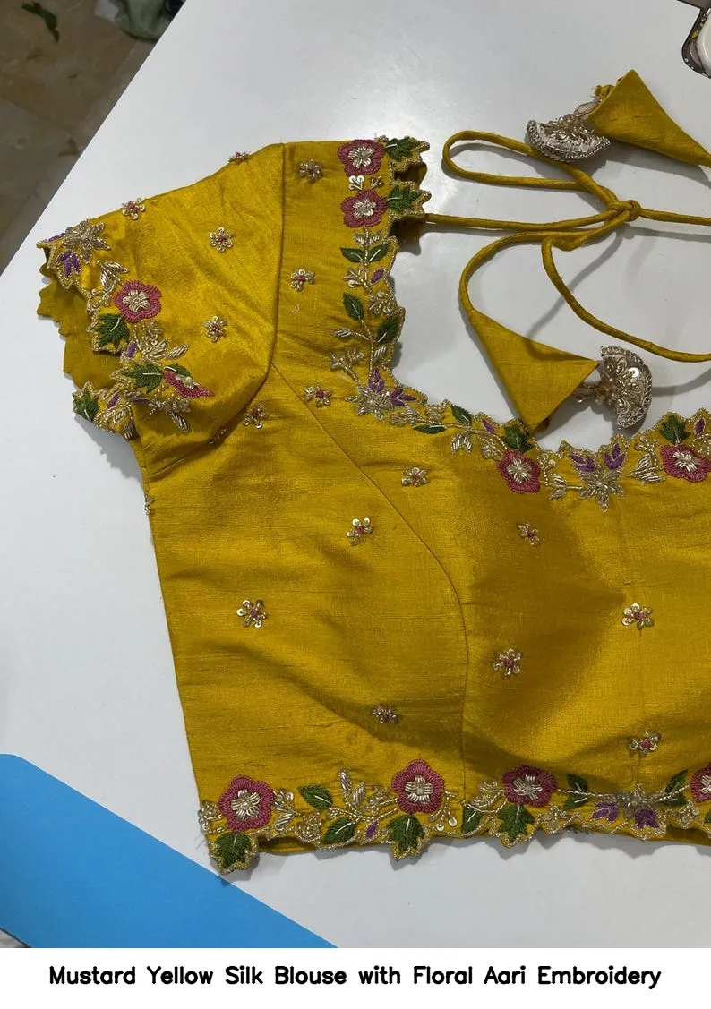Mustard Yellow Silk Blouse with Floral Aari Embroidery 6