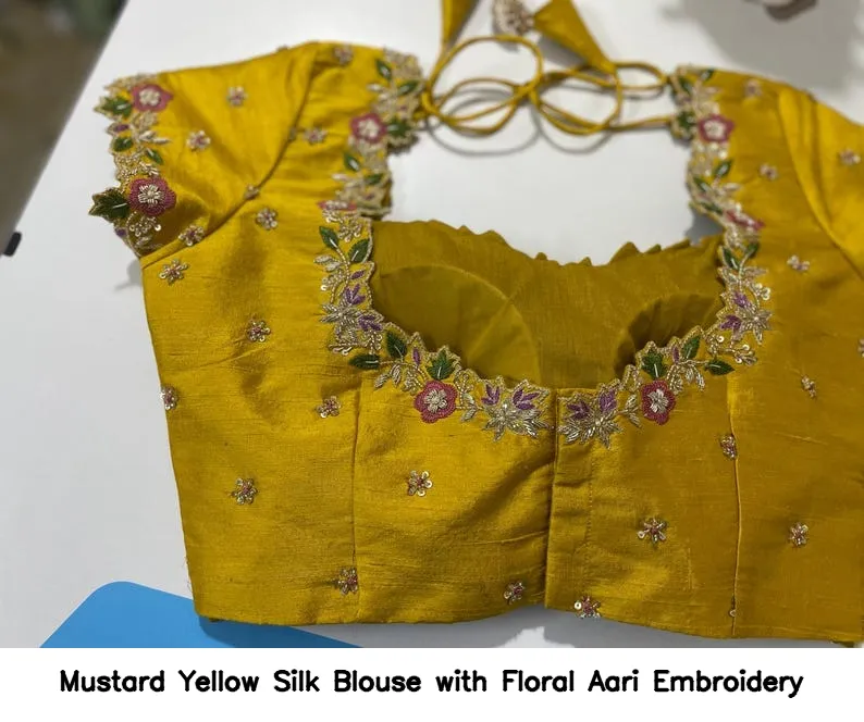 Mustard Yellow Silk Blouse with Floral Aari Embroidery 7
