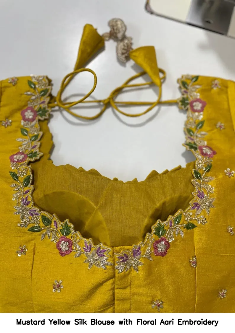Mustard Yellow Silk Blouse with Floral Aari Embroidery 8