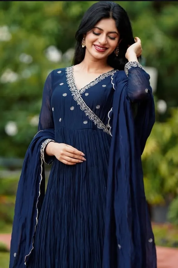 Navy Blue Angrakha Anarkali Suit Set with Scalloped Dupatta | Full Sleeve Georgette Long Frock