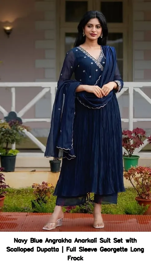 Navy Blue Angrakha Anarkali Suit Set with Scalloped Dupatta | Full Sleeve Georgette Long Frock 2
