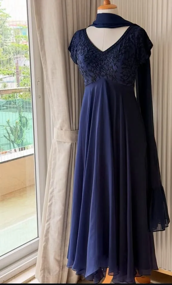 Navy Blue Heavy Hand Embroidery Anarkali Suit with Dupatta | Designer Georgette Floor Length Gown for Party & Wedding