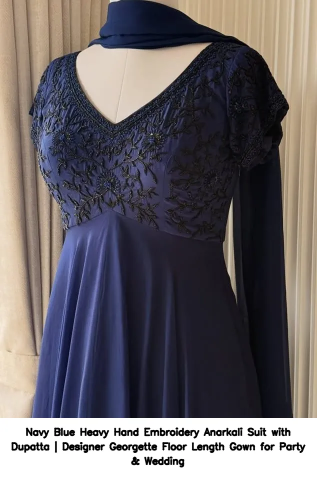 Navy Blue Heavy Hand Embroidery Anarkali Suit with Dupatta | Designer Georgette Floor Length Gown for Party & Wedding 2