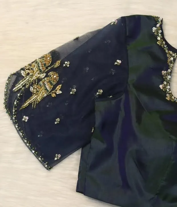 Navy Blue Raw Silk Aari Work Blouse | Peacock Bird Hand Embroidered Net Sleeve Saree Blouse with Keyhole Back