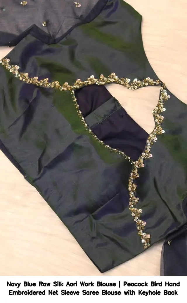 Navy Blue Raw Silk Aari Work Blouse | Peacock Bird Hand Embroidered Net Sleeve Saree Blouse with Keyhole Back 2