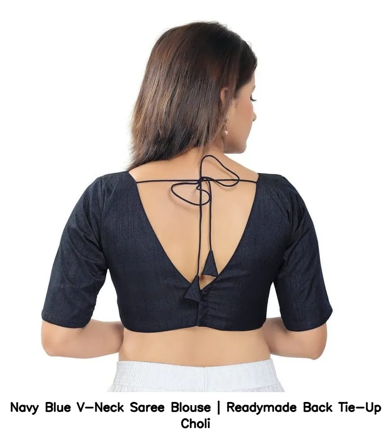 Navy Blue V-Neck Saree Blouse | Readymade Back Tie-Up Choli 2