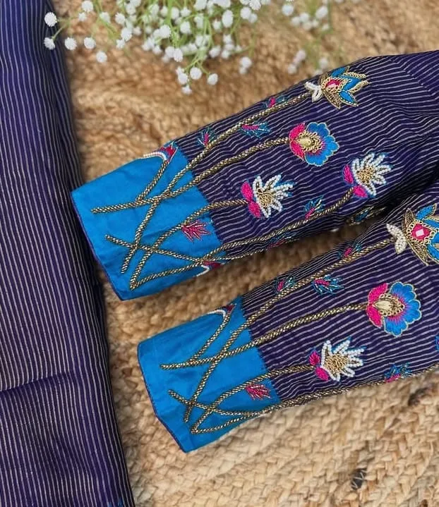 Navy Royal Blue Striped Blouse - Handcrafted Floral Aari Work Saree Blouse