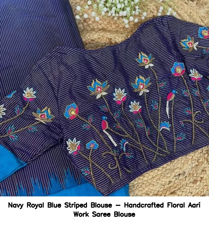 Navy  Royal Blue Striped Blouse - Handcrafted Floral Aari Work Saree Blouse 2
