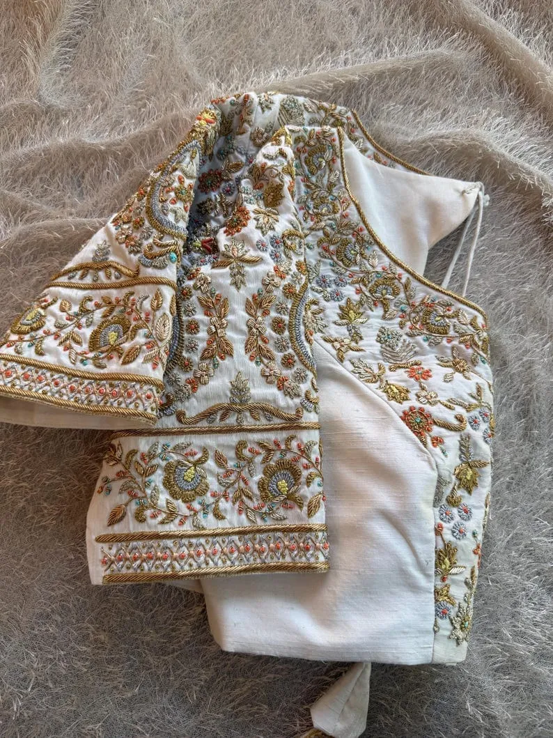 Off-White Designer Blouse | Heavy Hand-Embroidered Zardosi Work | Premium Bridal & Festive Ethnic Wear