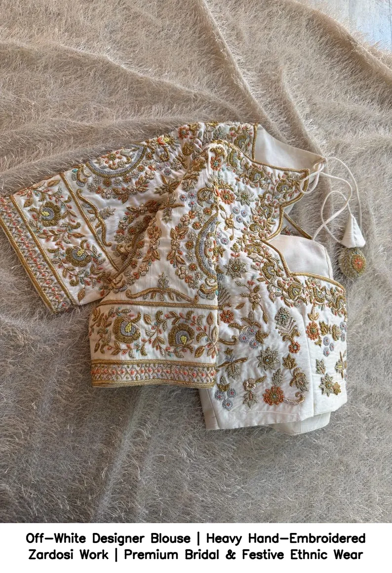 Off-White Designer Blouse | Heavy Hand-Embroidered Zardosi Work | Premium Bridal & Festive Ethnic Wear 4