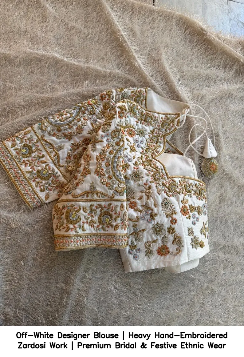 Off-White Designer Blouse | Heavy Hand-Embroidered Zardosi Work | Premium Bridal & Festive Ethnic Wear 7