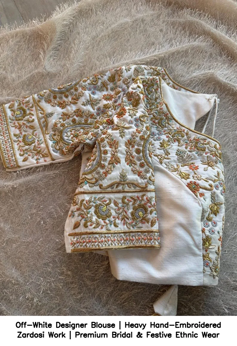 Off-White Designer Blouse | Heavy Hand-Embroidered Zardosi Work | Premium Bridal & Festive Ethnic Wear 8