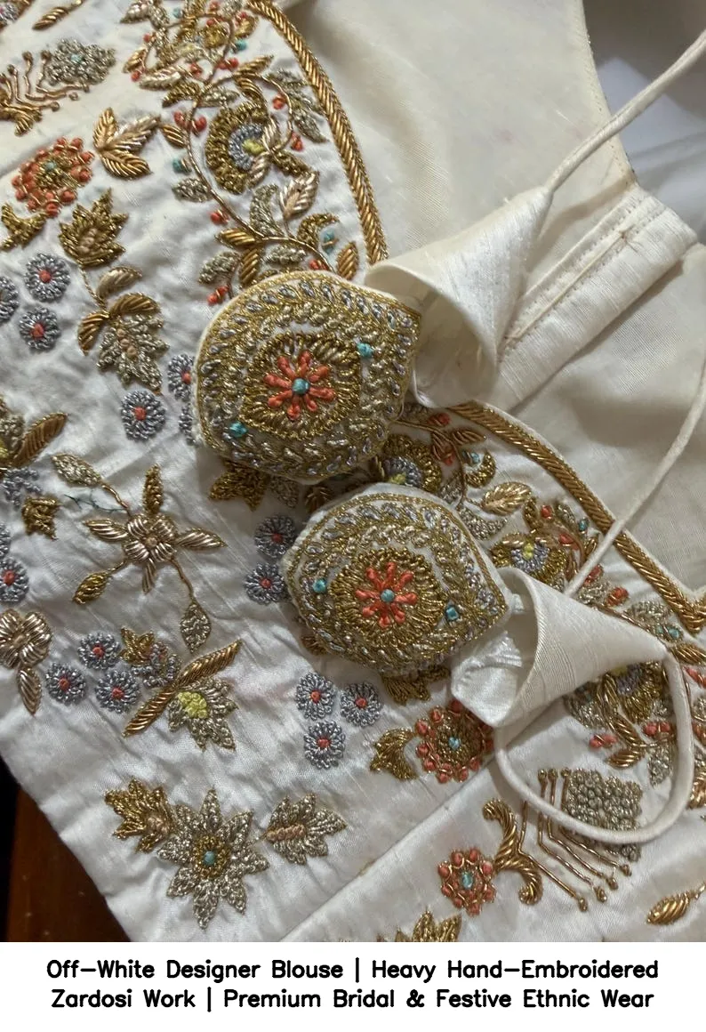 Off-White Designer Blouse | Heavy Hand-Embroidered Zardosi Work | Premium Bridal & Festive Ethnic Wear 9