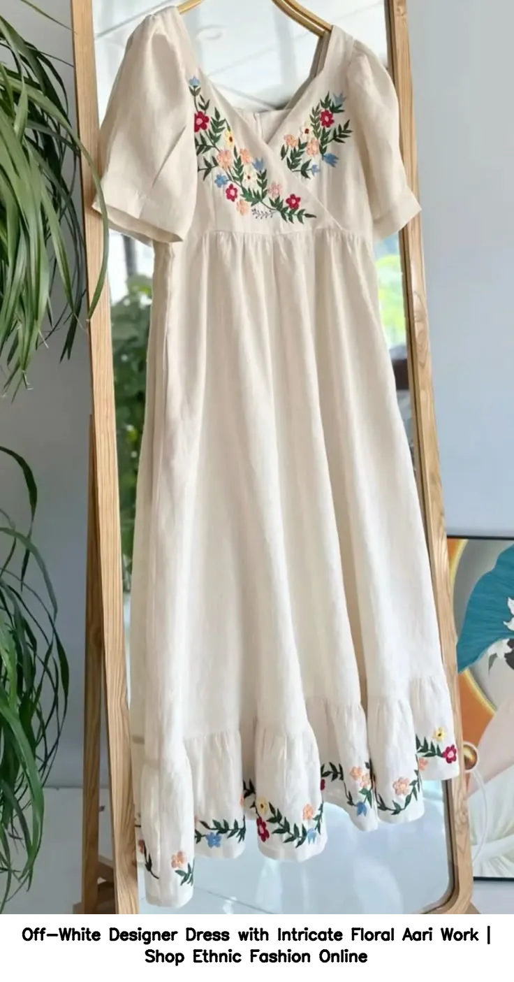 Off-White Designer Dress with Intricate Floral Aari Work | Ethnic Fashion 1