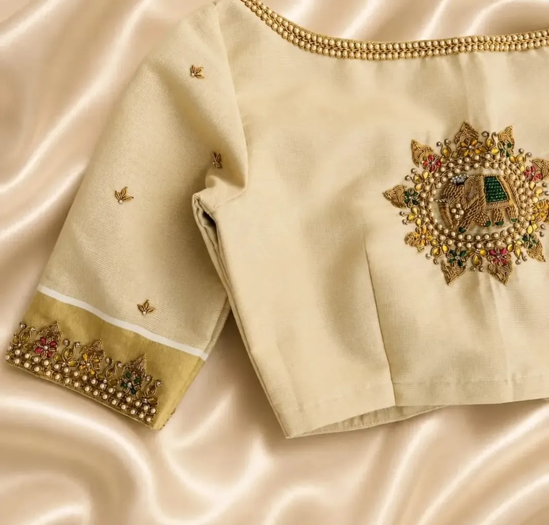 Off-White Elephant Motif Maggam Work Silk Blouse | Handcrafted Kundan Mandala Design 1
