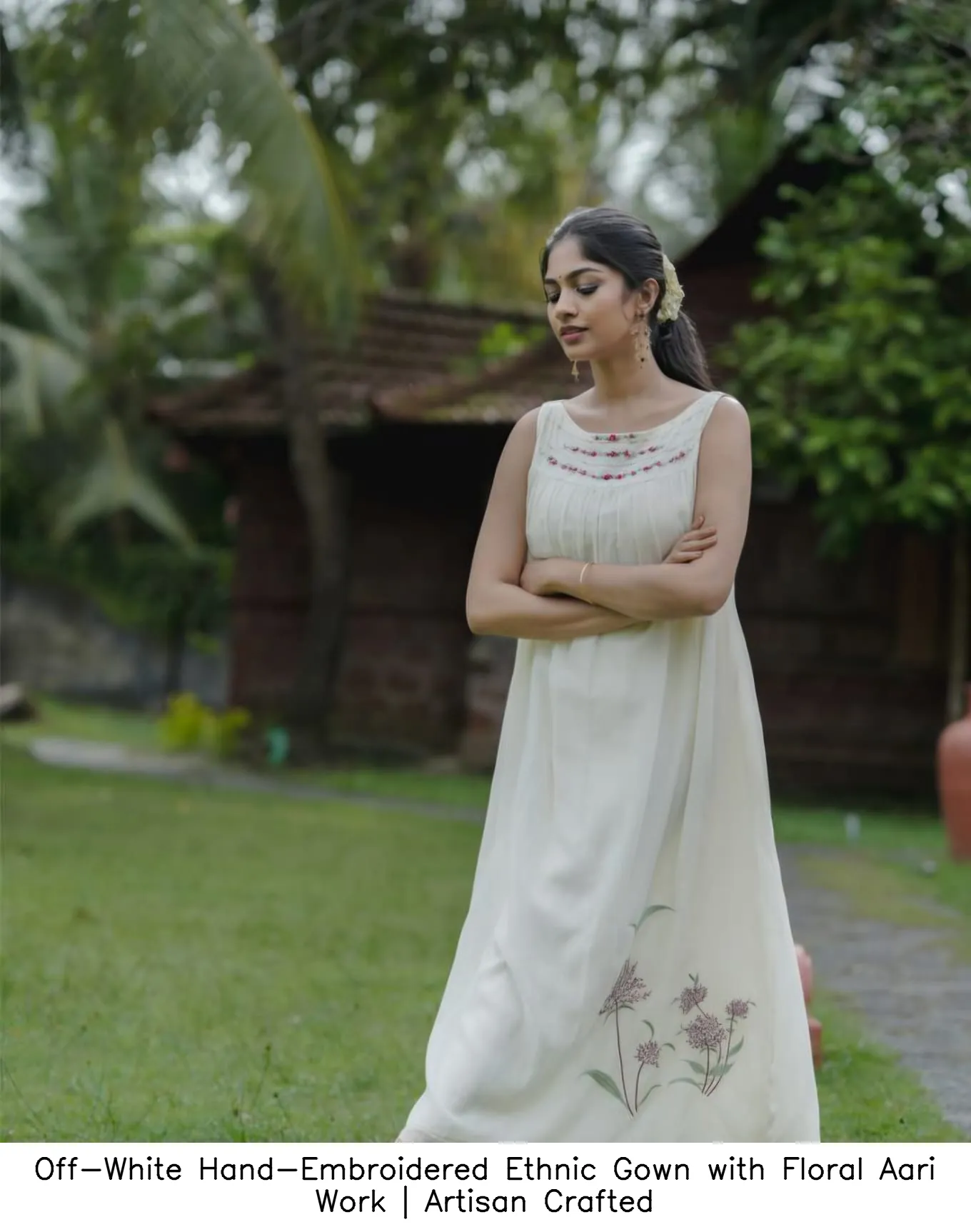 Off-White Hand-Embroidered Ethnic Gown with Floral Aari Work | Artisan Crafted 1