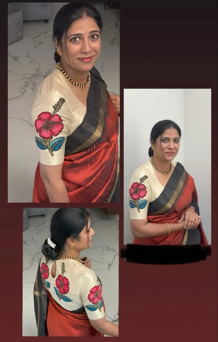 Off-White Raw Silk Blouse with Hand-Crafted Pink Hibiscus Floral Motifs & Keyhole Back