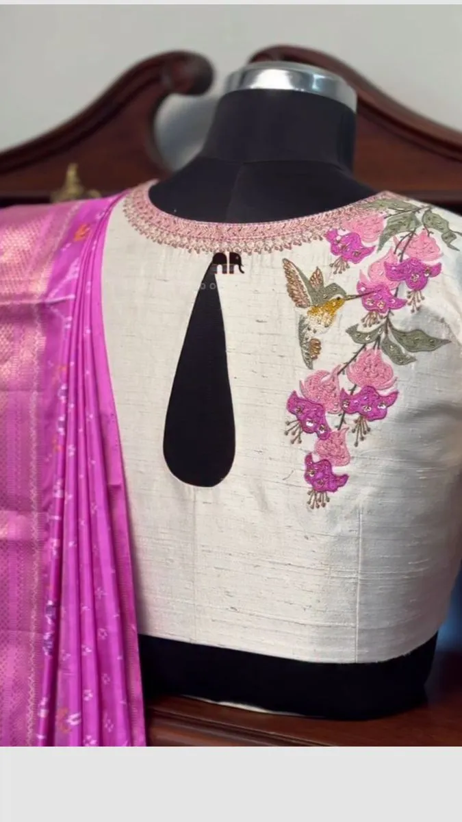 Off-White Raw Silk Blouse with Hummingbird & Pink Floral Embroidery | Teardrop Back Saree Blouse