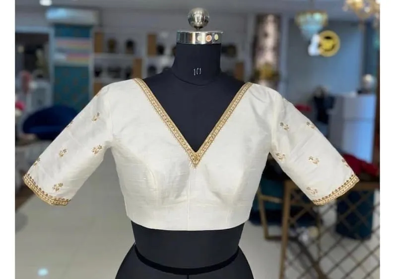 Off White Raw Silk Deep V-Neck Saree Blouse with Gold Zari Border | Readymade Cream Silk Blouse