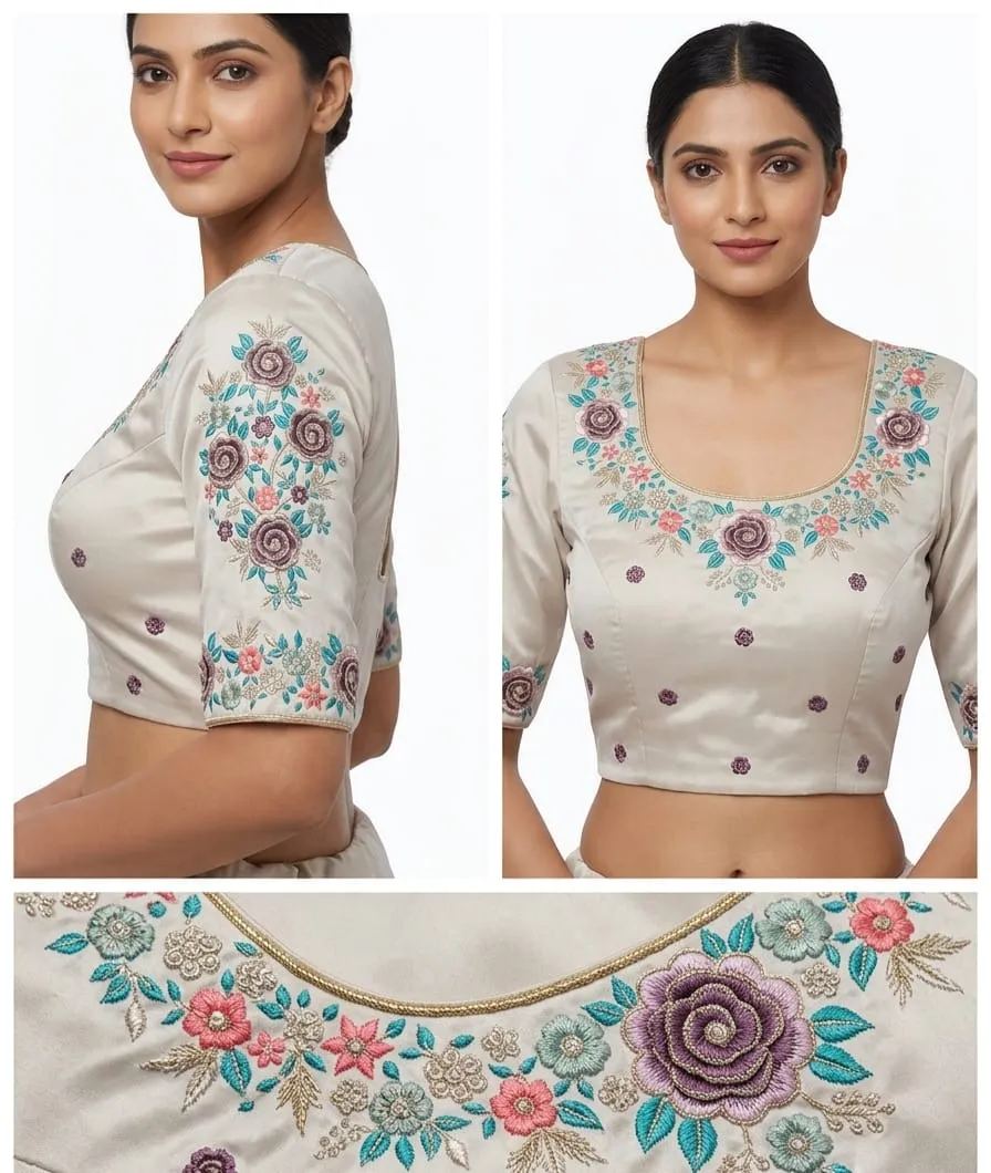 Off White Silk Embroidered Saree Blouse | Designer Floral Threadwork Scoop Neck Readymade Blouse